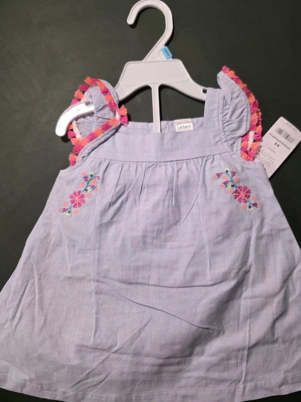 Carter's Girls' Light Blue Embroidered Summer Dress - Pink Trim